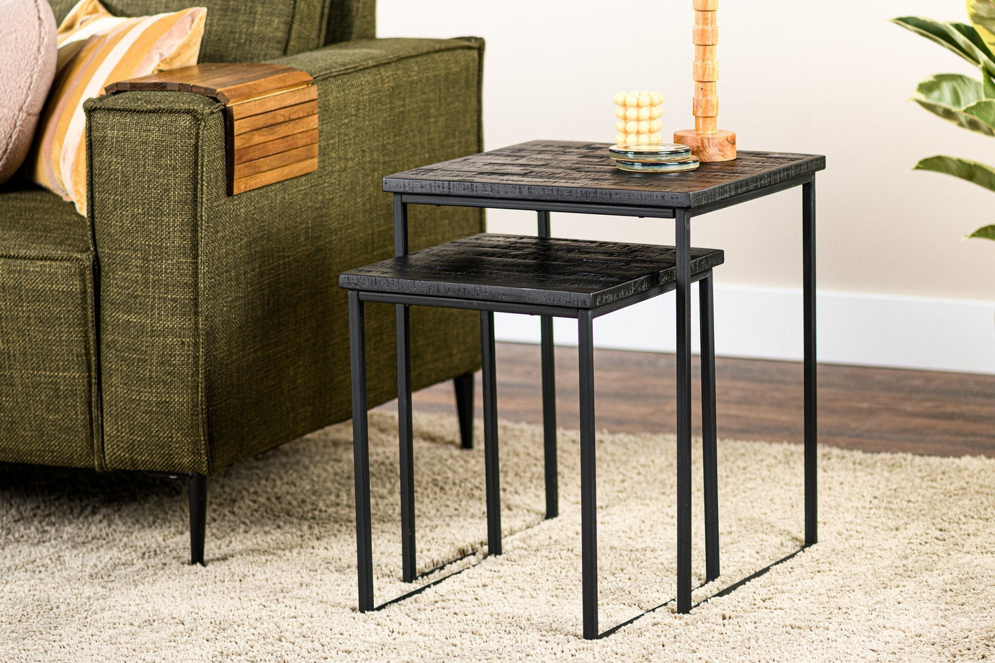 Set of 2 Side Tables, Aged Teak, B340 Black