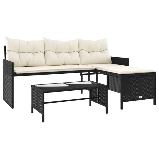 L-Shaped Garden Bench with Table and Cushions - Poly Rattan Black