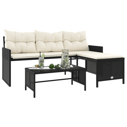 L-Shaped Garden Bench with Table and Cushions - Poly Rattan Black