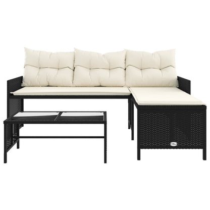 L-Shaped Garden Bench with Table and Cushions - Poly Rattan Black