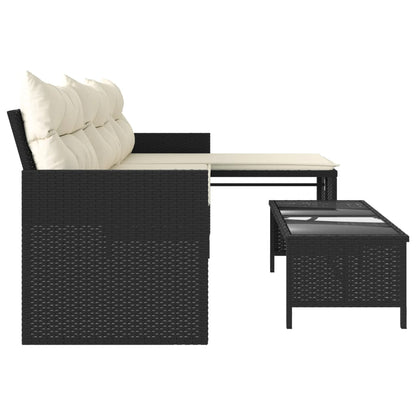 L-Shaped Garden Bench with Table and Cushions - Poly Rattan Black