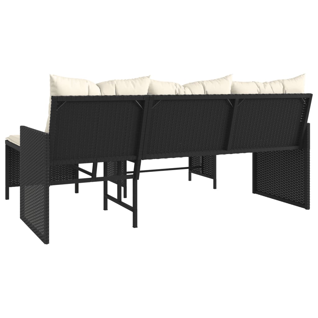 L-Shaped Garden Bench with Table and Cushions - Poly Rattan Black