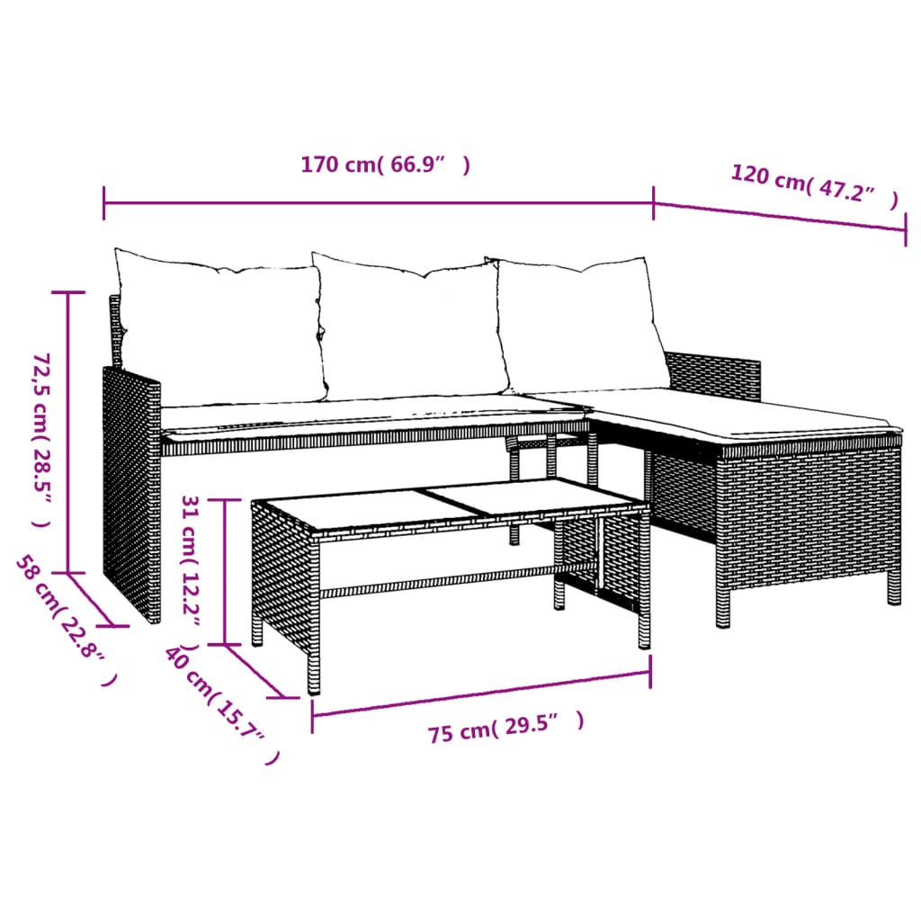 L-Shaped Garden Bench with Table and Cushions - Poly Rattan Black