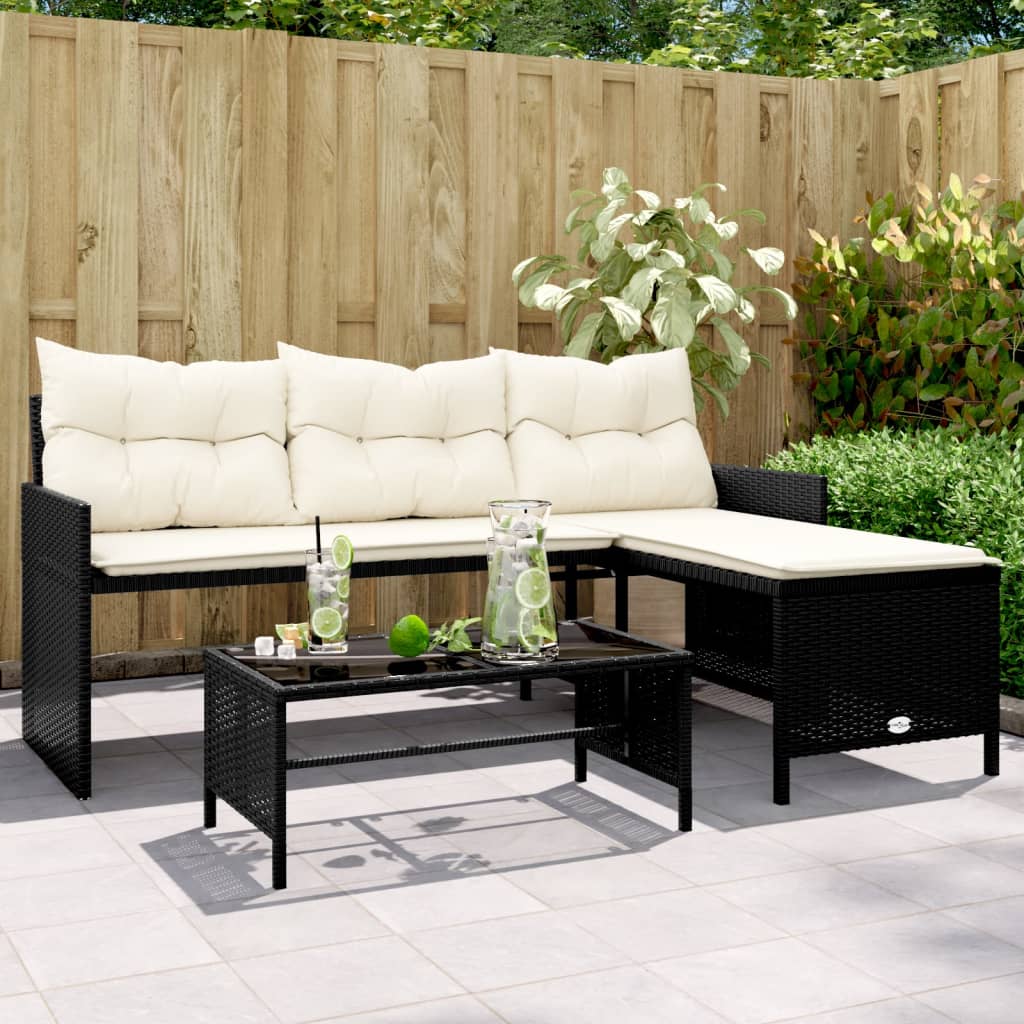 L-Shaped Garden Bench with Table and Cushions - Poly Rattan Black