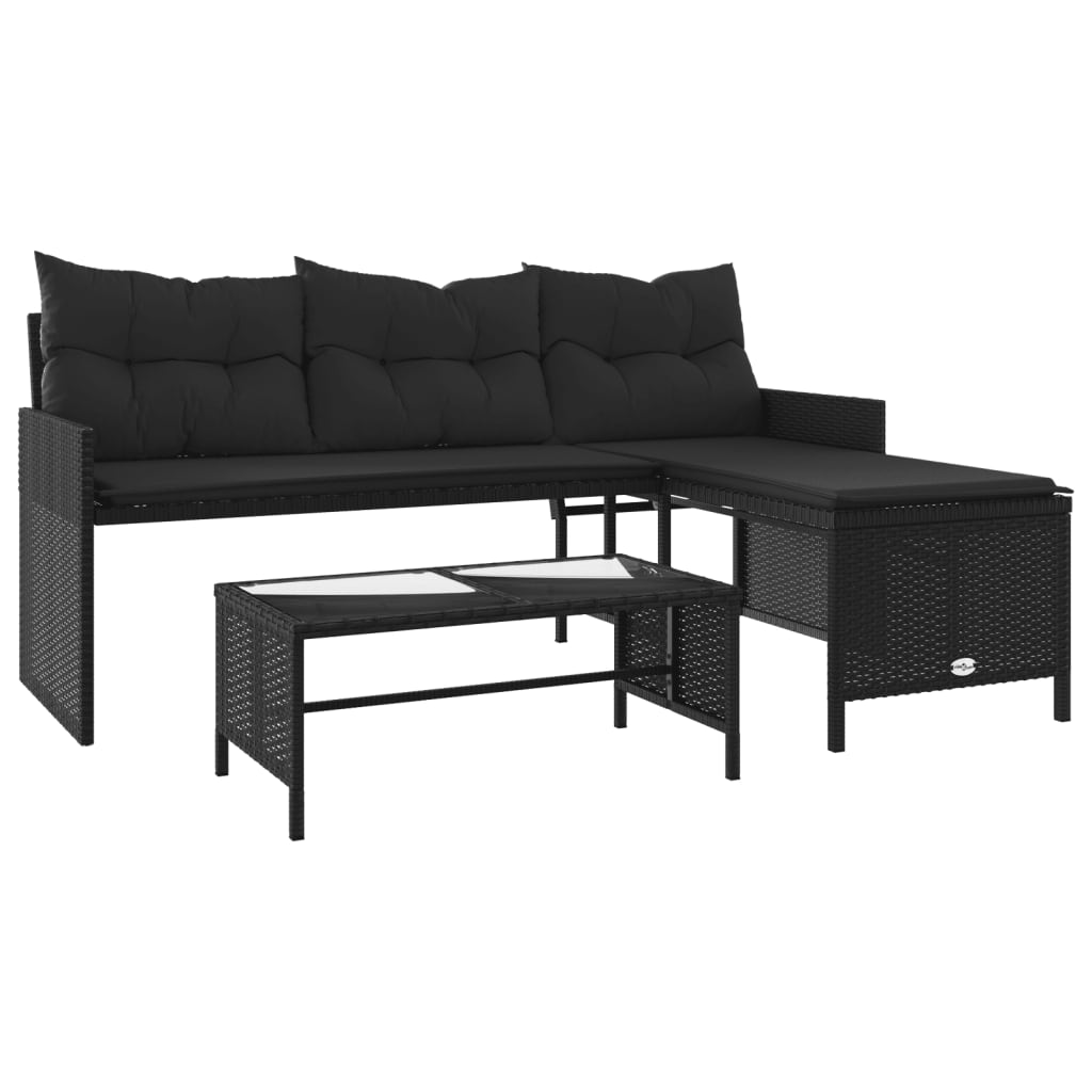 L-Shaped Garden Bench with Table and Cushions - Poly Rattan Black