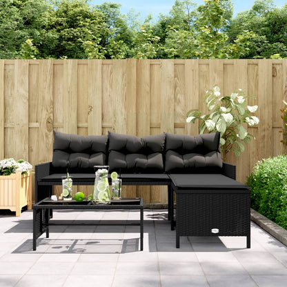 L-Shaped Garden Bench with Table and Cushions - Poly Rattan Black