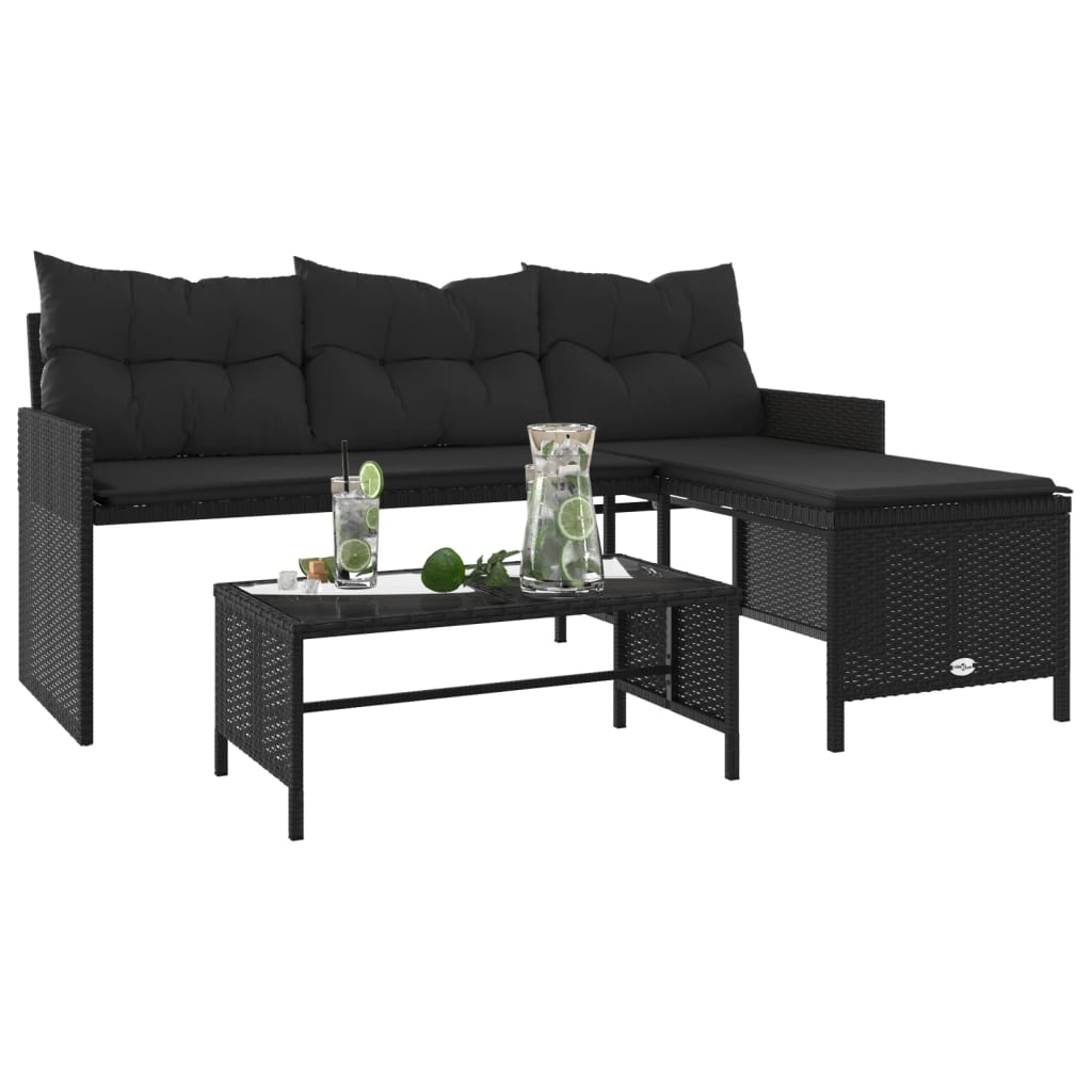 L-Shaped Garden Bench with Table and Cushions - Poly Rattan Black