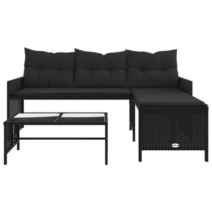 L-Shaped Garden Bench with Table and Cushions - Poly Rattan Black