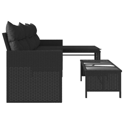 L-Shaped Garden Bench with Table and Cushions - Poly Rattan Black