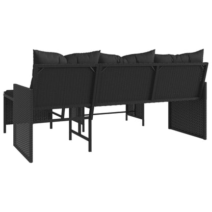 L-Shaped Garden Bench with Table and Cushions - Poly Rattan Black