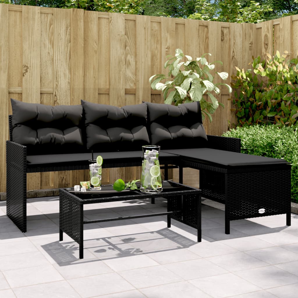 L-Shaped Garden Bench with Table and Cushions - Poly Rattan Black