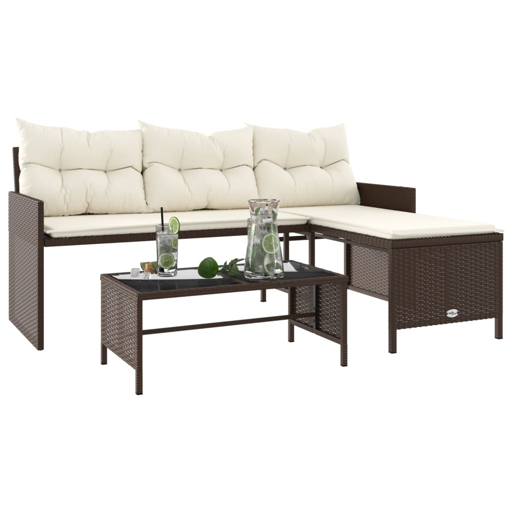 L-Shaped Garden Bench with Table and Cushions - Poly Rattan Brown