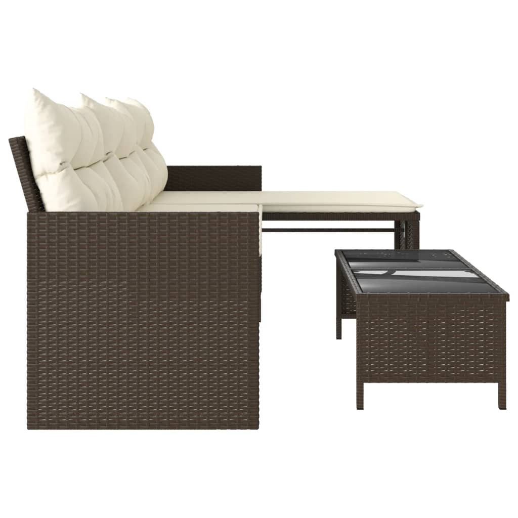 L-Shaped Garden Bench with Table and Cushions - Poly Rattan Brown