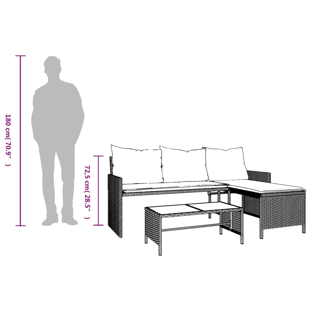 L-Shaped Garden Bench with Table and Cushions - Poly Rattan Brown