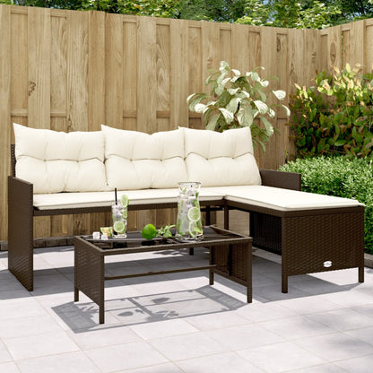 L-Shaped Garden Bench with Table and Cushions - Poly Rattan Brown