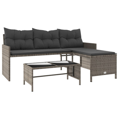 L-Shaped Garden Bench with Table and Cushions - Poly Rattan Grey