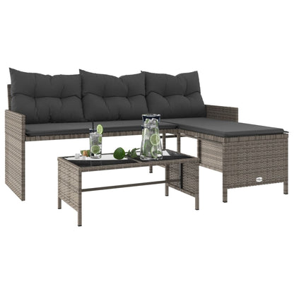 L-Shaped Garden Bench with Table and Cushions - Poly Rattan Grey