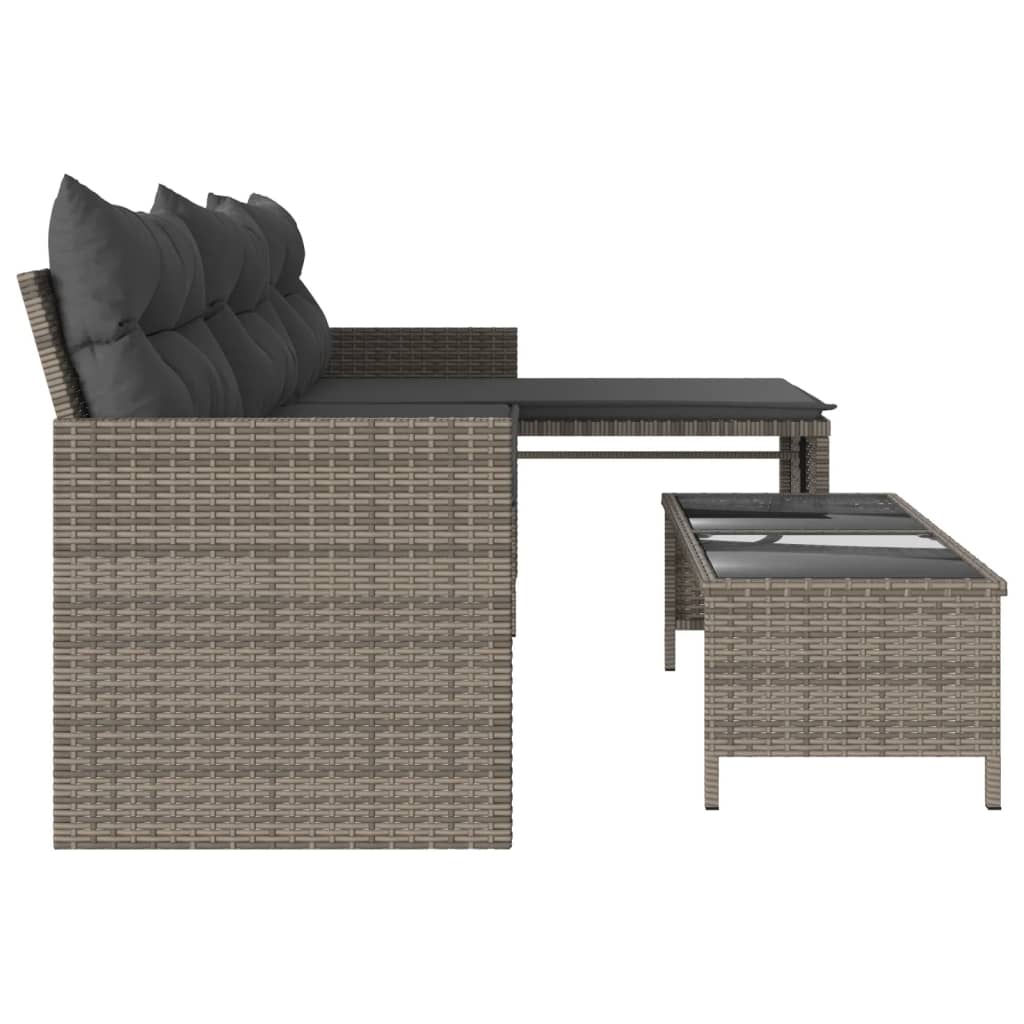 L-Shaped Garden Bench with Table and Cushions - Poly Rattan Grey