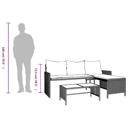 L-Shaped Garden Bench with Table and Cushions - Poly Rattan Grey