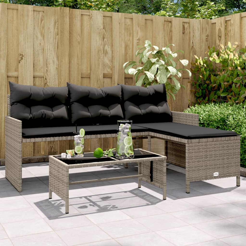 L-Shaped Garden Bench with Table and Cushions - Poly Rattan Grey