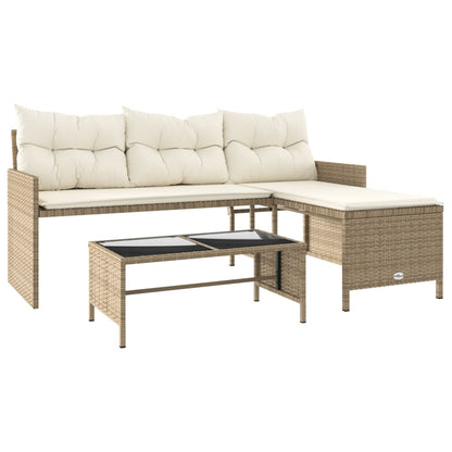 L-Shaped Garden Bench with Table and Cushions - Poly Rattan Beige