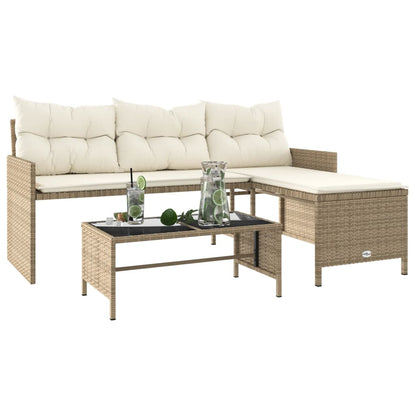 L-Shaped Garden Bench with Table and Cushions - Poly Rattan Beige