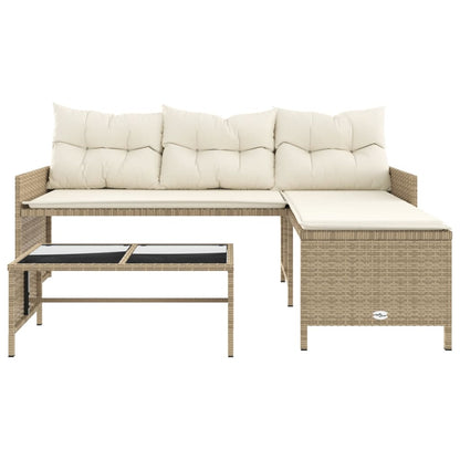 L-Shaped Garden Bench with Table and Cushions - Poly Rattan Beige