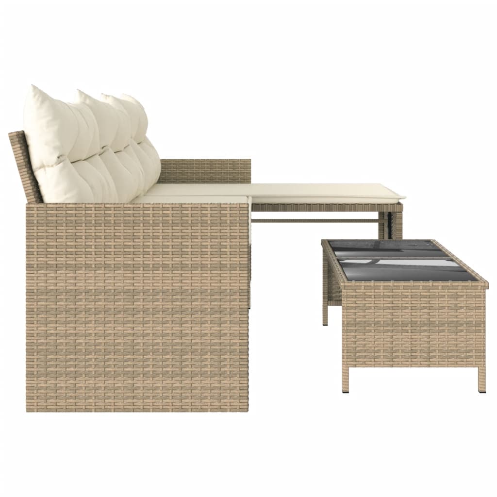 L-Shaped Garden Bench with Table and Cushions - Poly Rattan Beige