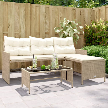 L-Shaped Garden Bench with Table and Cushions - Poly Rattan Beige