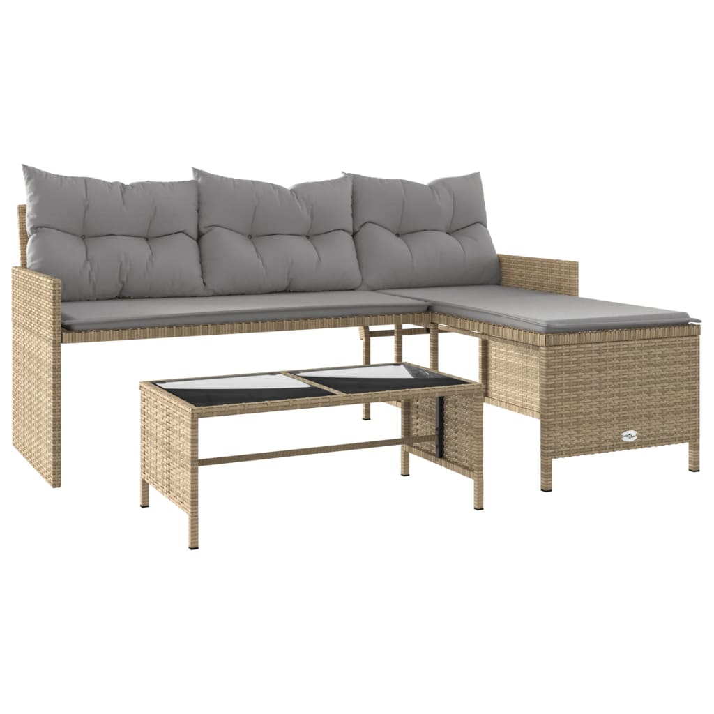 L-Shaped Garden Bench with Table and Cushions - Poly Rattan Beige