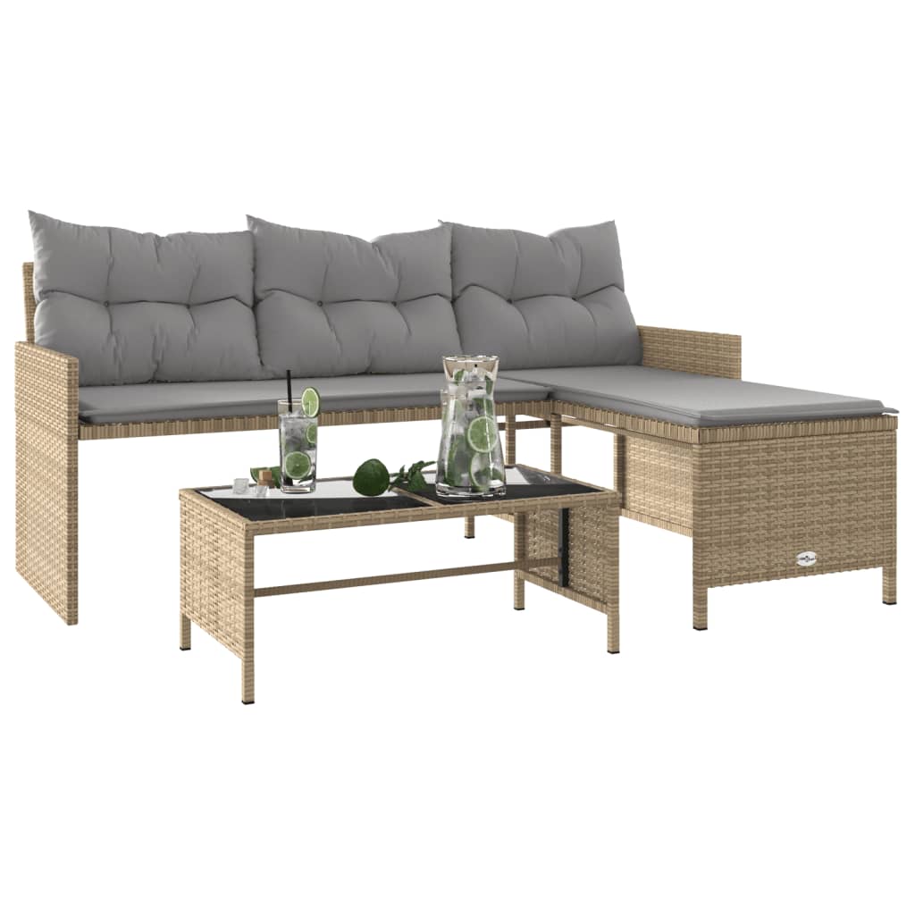 L-Shaped Garden Bench with Table and Cushions - Poly Rattan Beige