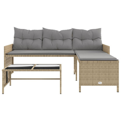 L-Shaped Garden Bench with Table and Cushions - Poly Rattan Beige