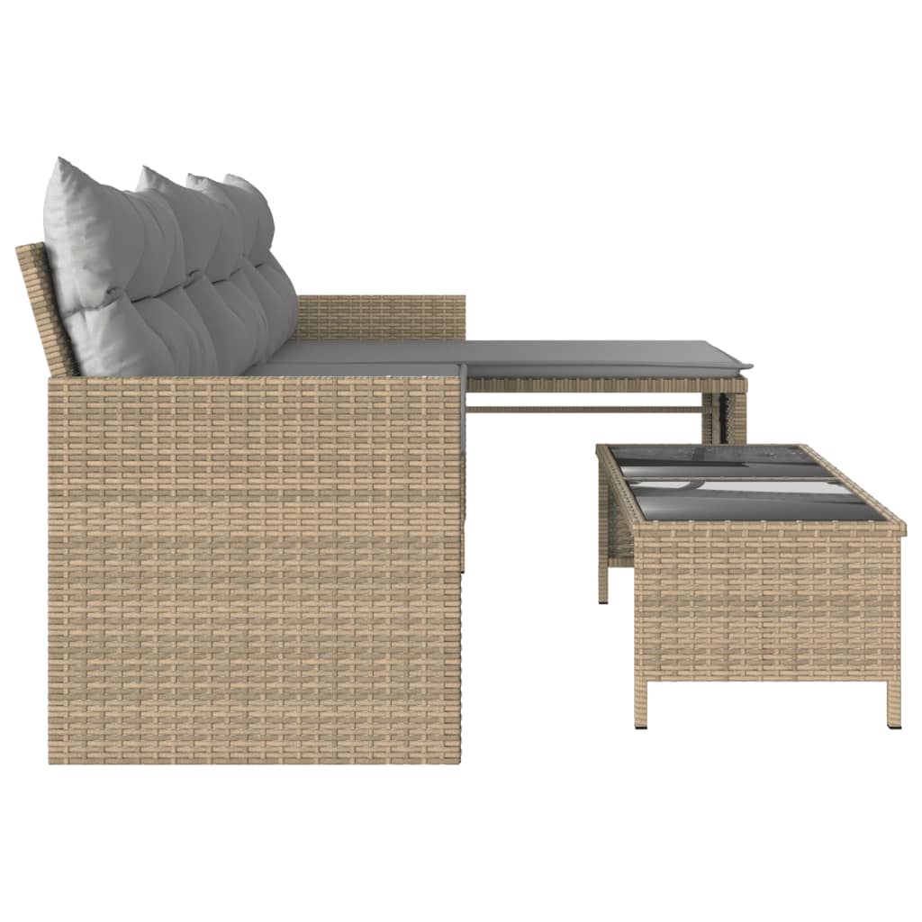 L-Shaped Garden Bench with Table and Cushions - Poly Rattan Beige