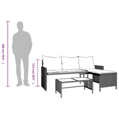 L-Shaped Garden Bench with Table and Cushions - Poly Rattan Beige