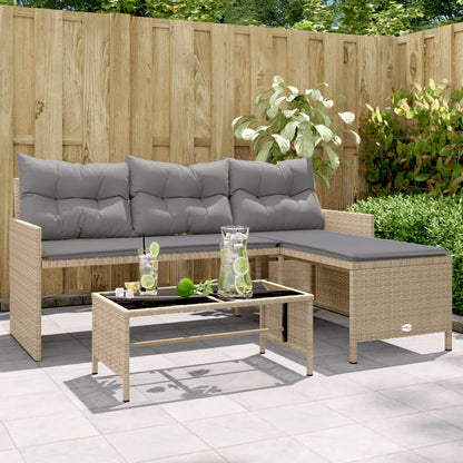 L-Shaped Garden Bench with Table and Cushions - Poly Rattan Beige