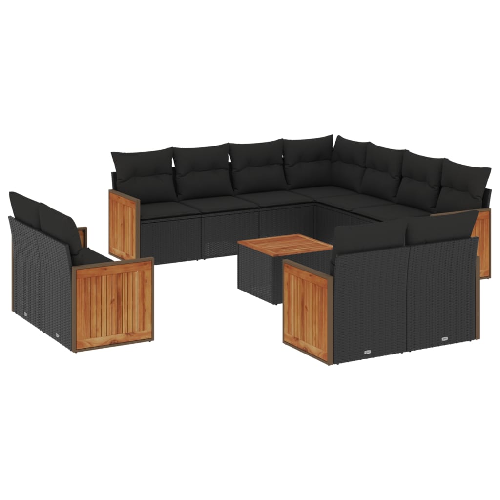 12-Piece Lounge Set with Cushions Poly Rattan Black