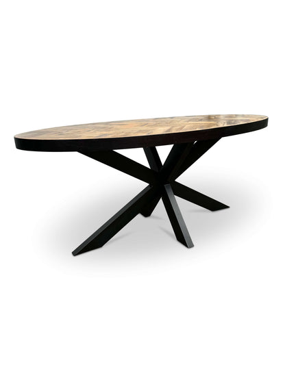 Modern Oval Mango Wood Dining Table - with Herringbone Pattern