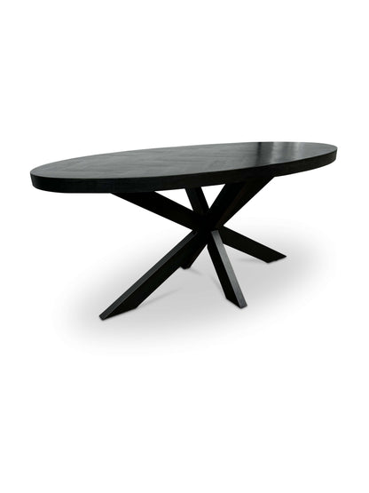 Modern Oval Mango Wood Dining Table - Black with Herringbone Pattern