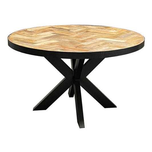 Mango wood dining table with herringbone pattern - round